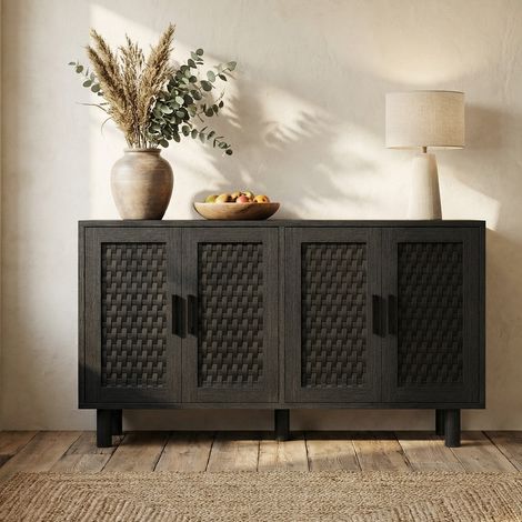 Buffet rotin 4 portes, 8 compartiments, meuble de rangement pour salon et salle à manger, design scandinave, 140x40x80 cm - Noir