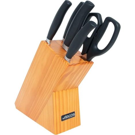 Arcos Serie Clara - Set di 4 coltelli da cucina de (Posate + Chef + Chef + Pane + Prosciutto) + 1 Forbici - Acciaio inossidabile forgiato NITRUM - Manico iniettato de Polipropilene - Colore Nero