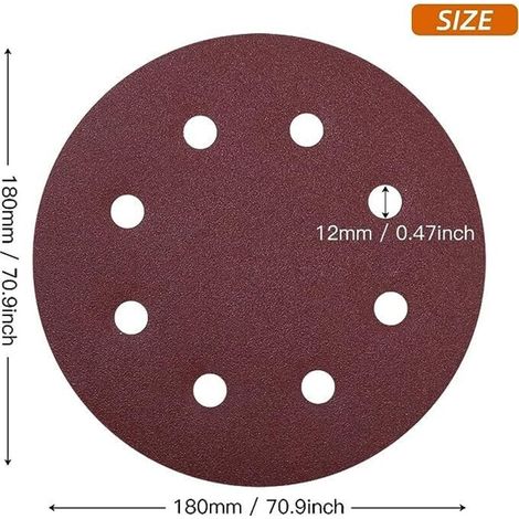Lot de 25 disques abrasifs 180 mm Grain 240 180 mm Papier abrasif 8 trous pour ponceuse murale et de plafond (1/4)