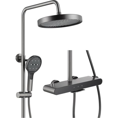 Set colonna doccia a 3 funzioni, kit sistema doccia a parete grigio con soffione doccia rotondo, soffione doccia a 3 modalità e bocca per vasca a cascata