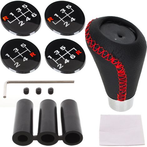 KIT UNIVERSAL DE CUERO NEGRO + CROMO + HILO ROJO + EMBLEMAS DE 5 Y 6 VELOCIDADES (1/5)