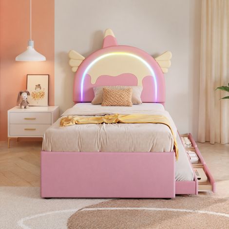 MEUBLIV Lit enfant 90x200 cm rose – avec lit gigogne et tête licorne, sans matelas (1/5)