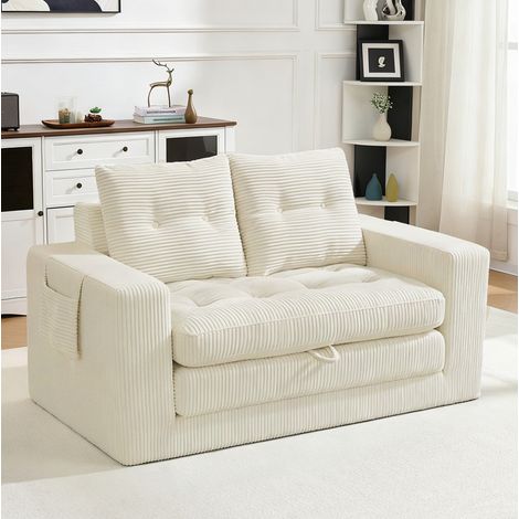 Canapé 2 places beige en velours côtelé, idéal pour s'asseoir et se reposer, avec accoudoirs élargis et poches latérales – Dimensions : 140 x 85 x 67 cm (1/5)
