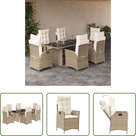 Gartenstuhl - 7-tlg. Garten-Essgruppe mit Kissen Beige Poly Rattan (1/5)