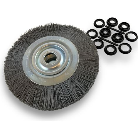 Brosse circulaire NYLON Abrasif Ø 250 mm Epaisseur 3 rangs Carbure de silicium Grain 240 Alésage 32 mm + réducteur bague 25/22/20/16/12 mm Touret meuleuse ponceuse Kibros 231253KR240 (1/5)