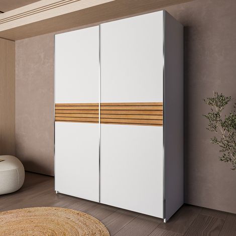 Armadio due ante scorrevoli Metropol colore bianco e inserti rovere – 150x58,1x204,5H (1/4)
