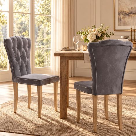 Pack de 2 sillas de comedor tapizadas, Estilo francés retro capitoné con tachuelas, Patas de madera maciza, de terciopelo, Gris (1/5)