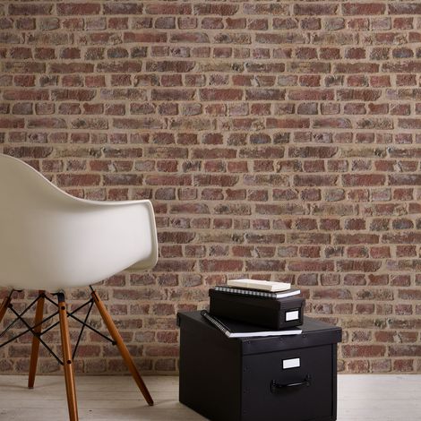 Papier peint brique rouge et marron – Tapisserie trompe l'œil pierre – Pour salon et couloir – Intissé 10,05 x 0,53 m – Lutece