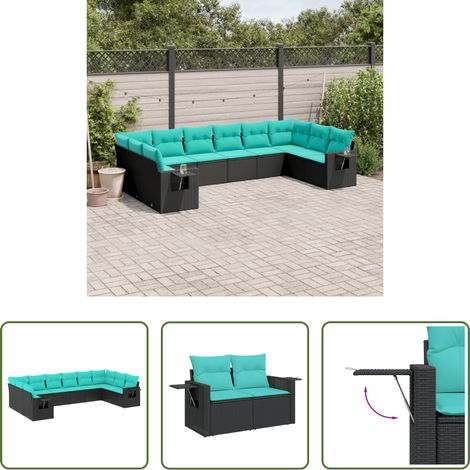 Gartenmöbel - 10-teiliges Gartensofa-Set mit Kissen, schwarzes Polyrattan (1/5)