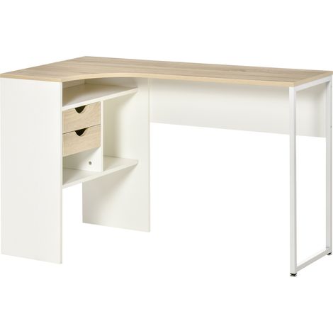 Bureau d'angle avec rangements – Chêne clair et blanc – 120L x 60l x 74H cm – 3 niches et 2 tiroirs coulissants – MH (1/5)