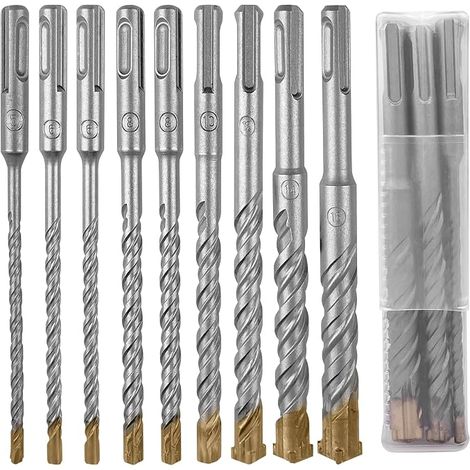 Set di 9 punte SDS Plus per la foratura del calcestruzzo, set di punte con 4 taglienti: 5/6/6/8/8/10/12/14/16 x 160 mm, per l'uso su calcestruzzo, mattoni, pietra e piastrelle in ceramica (1/5)