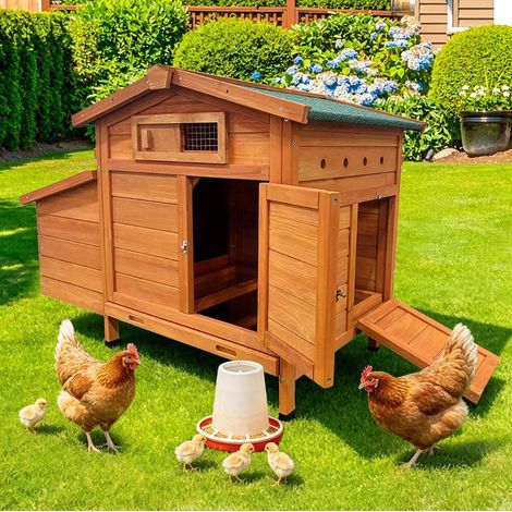 Pollaio rialzato 72x60x25.5 cm, con nido, sportelli con chiusura, legno, dorato (1/5)