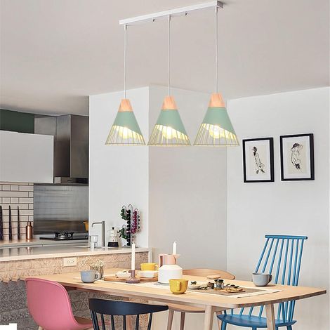 Suspension Luminaire Moderne Industrielle Bois Lustre Abat-jour Métal Vintage forme Cage Ø25cm Plafonnier E27 Design(3 lampes - Vert- barre) (1/5)