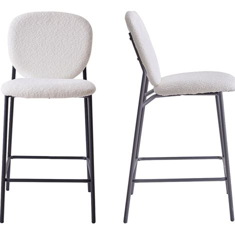 Lot de 2 tabourets de bar en tissu bouclette écru, piètement métal noir - Betty (1/5)