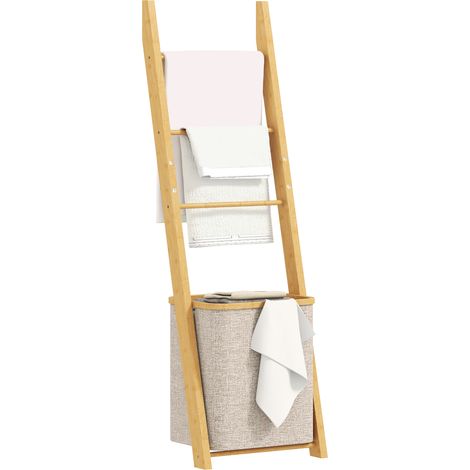 HOMCOM estantería para baño de bambú, toallero de pie con 3 barras, cesto para ropa sucia extraíble de 48 L, para dormitorio, lavadero, crema (1/5)