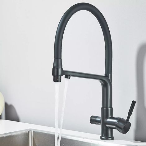 Suguword – Robinet mitigeur noir 3 voies – Filtre à eau – Bec flexible 360° – Valve céramique – Pour cuisine et douche
