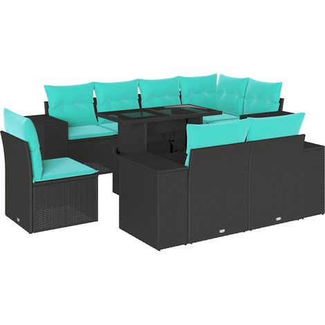 9-teiliges Gartensofa-Set mit Kissen, schwarzes Polyrattan vidaXL (1/5)