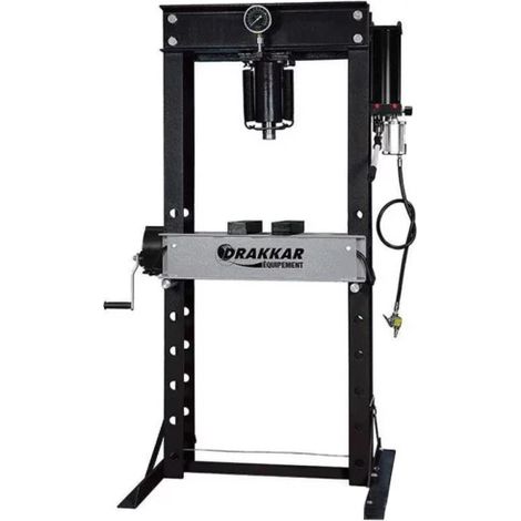 Drakkar Equipement – Presse hydraulique manuelle et pneumatique 40 tonnes – Bâti boulonné – Piston avec retour automatique – Table ajustable