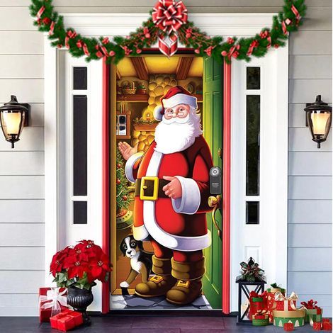 1PC Père Noël Couverture de Porte Décoration de Porte Noël Couvertures Porte Suspendues Noël Suspension de Bannière Noël Toile de Fond avec 4 Velcros pour Décorations Porte D\'entrée Noël (1/5)