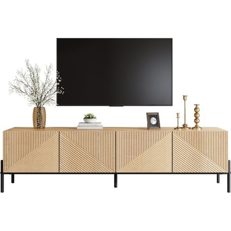 Meuble TV Moderne 163cm, Buffet Bas 4 Portes, Design Géométrique 3D, Bois Naturel et Métal Noir (1/5)