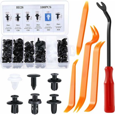 100 Pcs Plastic Rivet Clips Fastener Black Universal for Auto Cars Panels Door Trims with Storage Box and Installation Removal Tool (1/5)