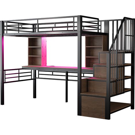 Lit superposé 90x200 cm avec étagère, bureau, prise électrique, éclairage LED et escalier