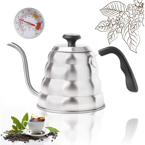 Stainless Steel Gooseneck Kettle, 1.2L Teapot with Thermometer, Suitable for Gas and Induction Hobs with Heat-Resistant Handle, Brushed Silver