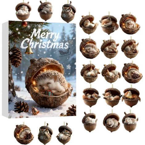Calendrier De Lavent - Ornements En Forme De Gland Avec Animaux De La Forêt - Décoration De Sapin De Noël - 24 Pièces (1/3)