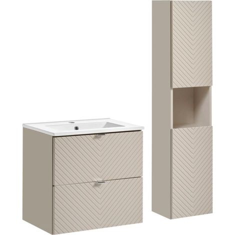 Badezimmer-Set AOKI: Unterschrank mit Schubladen 60cm + eingelassenes weißes Waschbecken + Säule