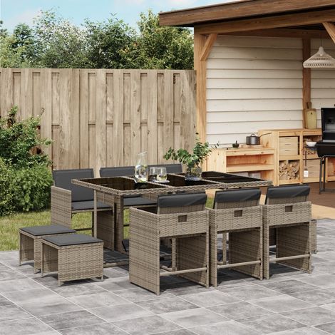 Vidaxl – Ensemble à manger de jardin 11pcs – Résine tressée poly rotin – Coussins épais – Table en verre trempé – Rangement compact sous la table