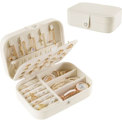 Boîte à bijoux de voyage, rangement pour bijoux, petite boîte avec du style, étui de voyage, boucles d'oreilles, idée cadeau pour filles et femmes (blanc) (1/4)