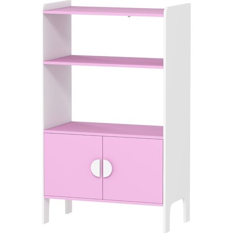 Bibliothèque enfant 2 étagères et 2 placards, indépendante, MDF, rose et blanc, 60 x 35 x 100 cm (1/5)