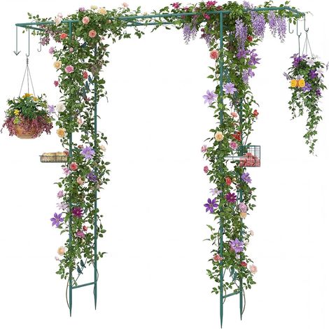 COSTWAY Arche de Jardin et Station de Suspension pour Mangeoires à Oiseaux 2 en 1, Treillis Arc Robuste avec Bol deau Plateau en Filet, Arche Décorative Extérieure pour Plantes Grimpantes (Vert) (1/5)