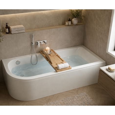 Baignoire d'angle asymétrique droite 170 x 75 cm - blanc - sans tablier, pieds, vidage chrome, plateau bambou - OASIS