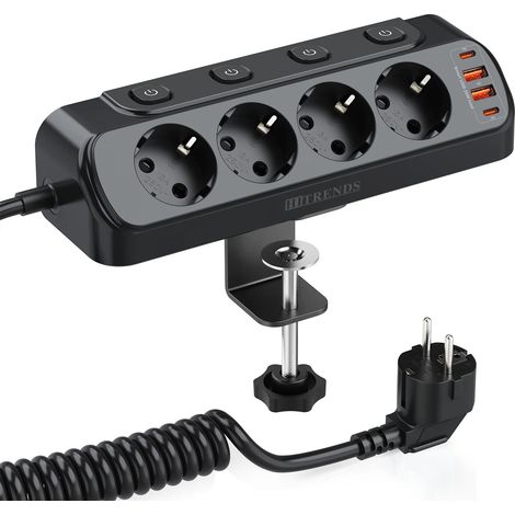 Multiprise de bureau EU Plug, multiprise avec interrupteur individuel, 4 prises AC USB, rallonge de 2m, Noir