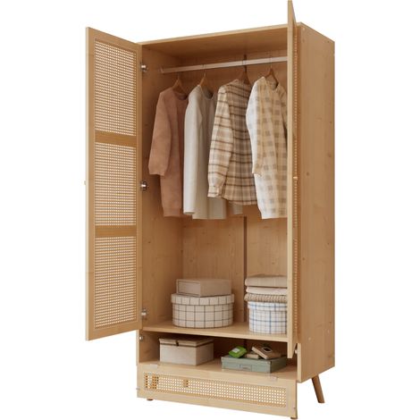 Armoire 2 portes avec tringle et coffre bas abattant, penderie de chambre en bois clair et résine tressée, rangement vêtements salon CHICFURN (1/5)