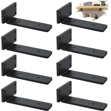 8 Pièces Équerre Étagère Murale, Supports d'Étagère Métal Supports en L, équerre, Support Invisible étagère Murale avec Vis ( 20cm, Noire) (1/5)