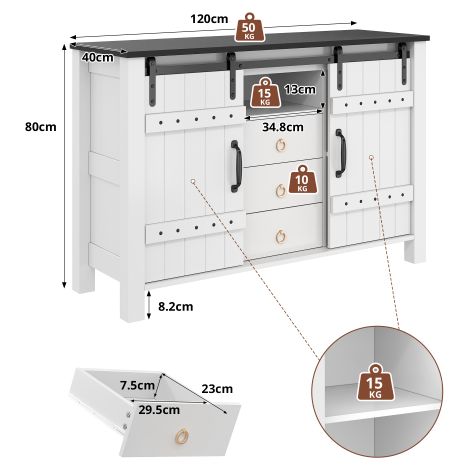 Buffet de rangement — Un meuble de rangement décoratif doté de portes coulissantes et de 3 tiroirs  arbore un style rustique « ferme »  convient pour la cuisine, la salle à manger et le salon (Blanc)