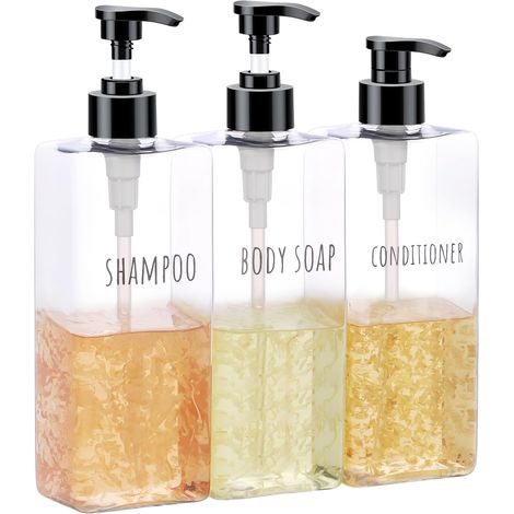 Distributeur de Savon Transparent Plastique, 3 Pièces 500ml Rechargeable Bouteille de Shampoing avec Étiquette, Flacon Pompe Vide pour Bain, Hôtel (1/5)