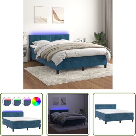 The Living Store Sommier à lattes de lit avec matelas LED Bleu foncé 140x200 cm - Lit Plateforme - Lit Capitonné - Lit Design - Lit Velours - Lit Avec Éclairage Led (1/5)