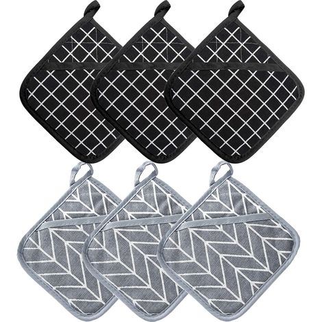 6PCS Maniques Cuisine et Gant Four Résistants à la Chaleur 392 ° F, Gant Cuisine Four Épaisses Set de Coton Recyclé Rempli, pour la Cuisine, la Pâtisserie, 18cm x 18cm, Gris et Noir
