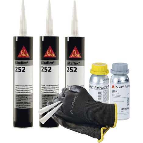 Sikaflex 252 schwarz 3x 300ml Klebstoff mit Aktivator 205 und Primer 210 - zur Verklebung von Buntmetall mit 5 Düsenspitzen (1/5)