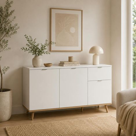 Buffet blanc 3 portes 1 tiroir style scandinave ALVA (1/5)