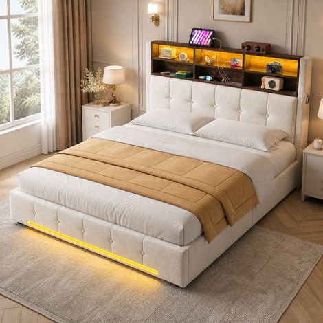 Bett 160x200 cm modern aus Samt Beige mit multifunktionalem Kopfteil, USB-C, LED und Stauraum mit Hydraulik (1/5)