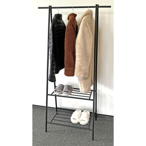 Kleiderständer 85x42x158cm Metall mit 2 Ablagen schwarz Garderobe Kleiderstange Kleiderbutler Jackenständer Handtuchhalter Badezimmerregal
