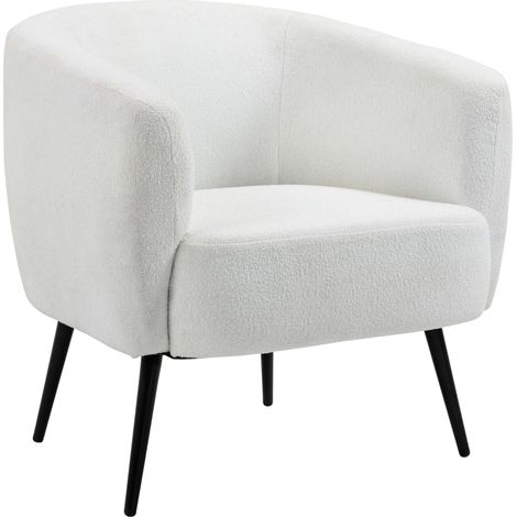 Fauteuil moderne en tissu style laine bouclée, accoudoirs et pieds métalliques noirs, idéal pour chambre ou salon, 72 x 73 x 73 cm, blanc.