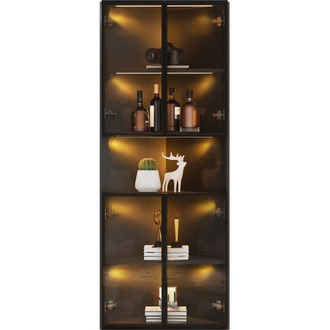 Vitrine Noir en MDF et verre, Avec Éclairage LED et Étagères Réglables, 62 x 32 x 160cm - pour bureau, salon (1/5)