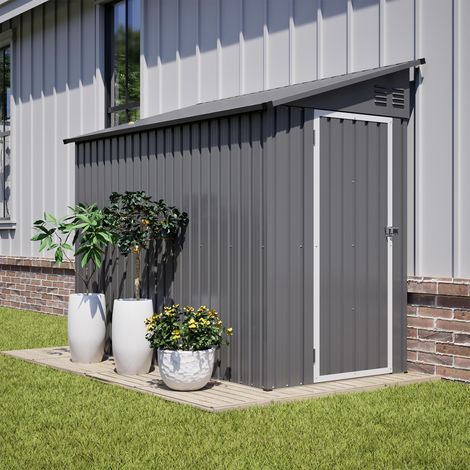 Abri de jardin métallique 122 x 244 cm, adossé à une structure, avec porte verrouillable et 2 ouvertures de ventilation, idéal pour ranger vos outils dans le jardin et sur la terrasse, gris.