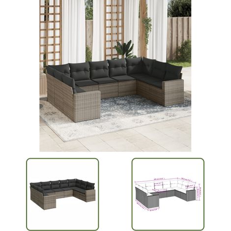 The Living Store Salon de jardin 9 pcs avec coussins gris résine tressée - Ensemble Salon De Jardin - Salon De Jardin Extérieur - Meuble De Jardin - Canapé Jardin - Résine Tressée (1/3)