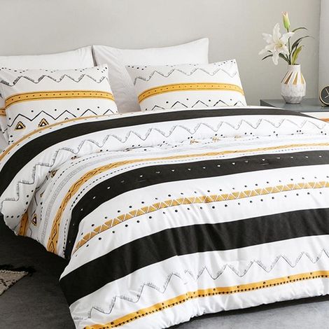 Housse de Couette 220x240 avec 2 Taies d'oreiller 65x65 cm - Design Bohémien - Parure de lit 220x240 Adulte - 100% Microfibre Housse Couette avec Fermetures éclair, Jaune Noir Rayures (1/5)